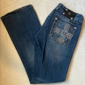 Miss Me Dark Blue Boot Cut Jeans with Silver Embellishments